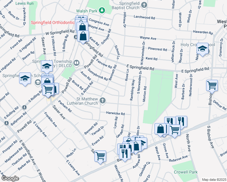 map of restaurants, bars, coffee shops, grocery stores, and more near 320 Avon Road in Springfield