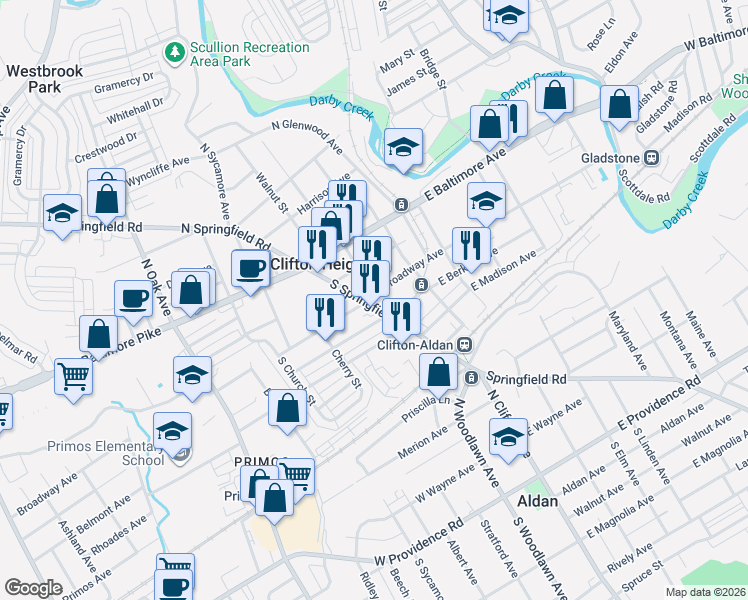 map of restaurants, bars, coffee shops, grocery stores, and more near 33 East Broadway Avenue in Clifton Heights