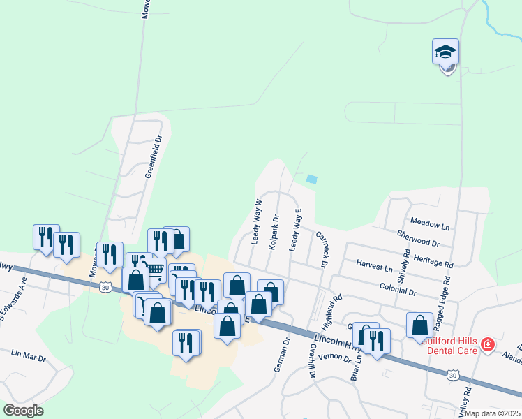 map of restaurants, bars, coffee shops, grocery stores, and more near 290 Leedy Way West in Chambersburg