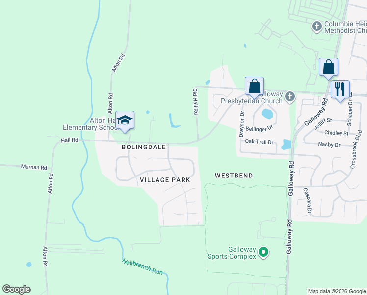 map of restaurants, bars, coffee shops, grocery stores, and more near 6573 Hall Road in Galloway