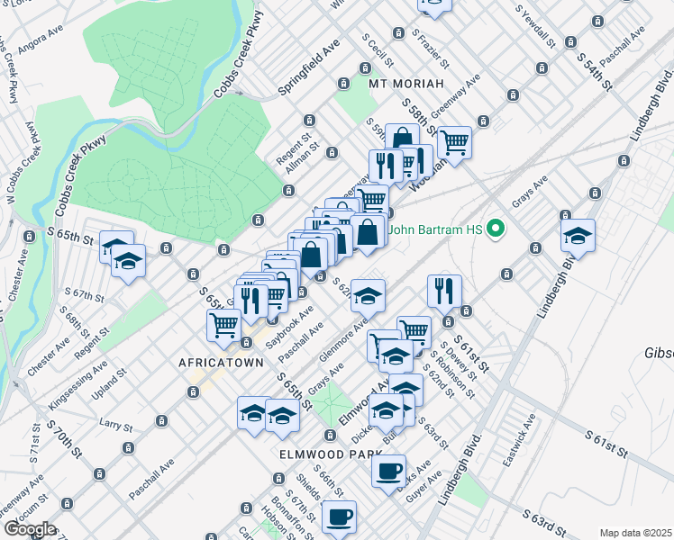 map of restaurants, bars, coffee shops, grocery stores, and more near 6110 Woodland Avenue in Philadelphia