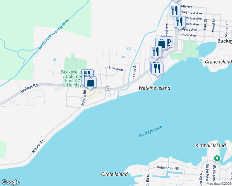 map of restaurants, bars, coffee shops, grocery stores, and more near 12 Rosebraugh Circle East in Buckeye Lake
