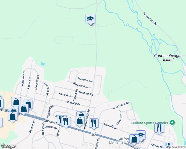 map of restaurants, bars, coffee shops, grocery stores, and more near 341 Ragged Edge Road in Chambersburg