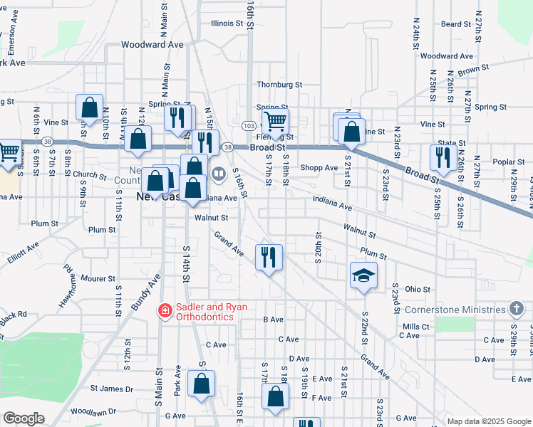 map of restaurants, bars, coffee shops, grocery stores, and more near 323 South 17th Street in New Castle