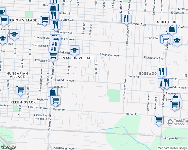 map of restaurants, bars, coffee shops, grocery stores, and more near 1755 South 20th Street in Columbus