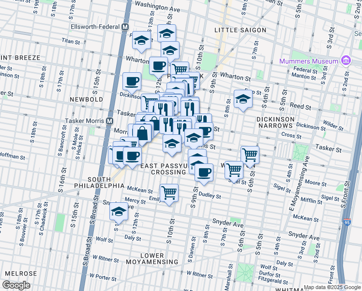 map of restaurants, bars, coffee shops, grocery stores, and more near 1001 Watkins Street in Philadelphia