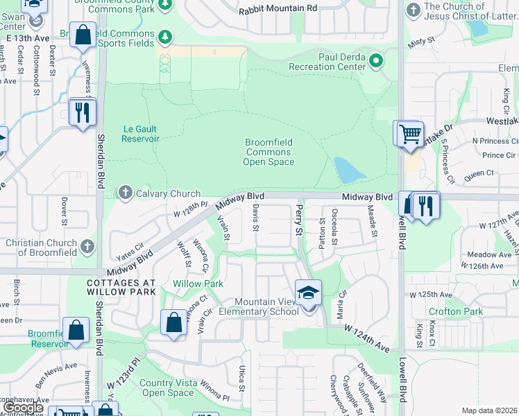 map of restaurants, bars, coffee shops, grocery stores, and more near 12705 Davis Street in Broomfield