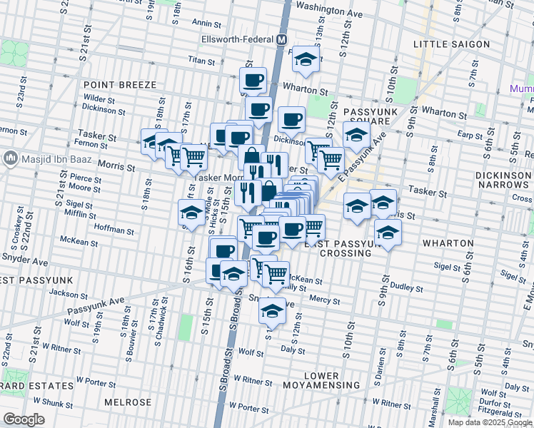 map of restaurants, bars, coffee shops, grocery stores, and more near 1335 Moore St in Philadelphia