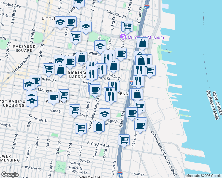 map of restaurants, bars, coffee shops, grocery stores, and more near 1524 South 2nd Street in Philadelphia