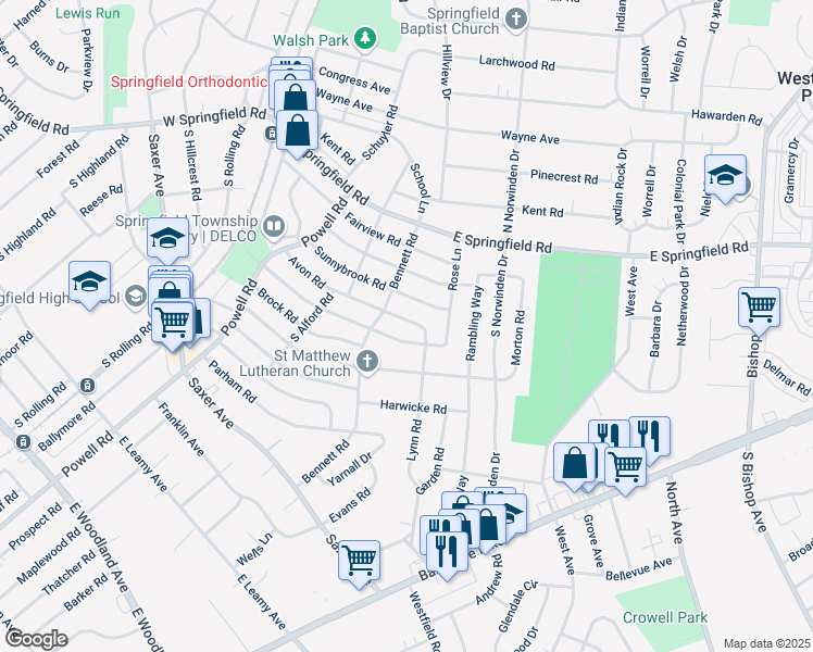 map of restaurants, bars, coffee shops, grocery stores, and more near 320 Avon Road in Springfield
