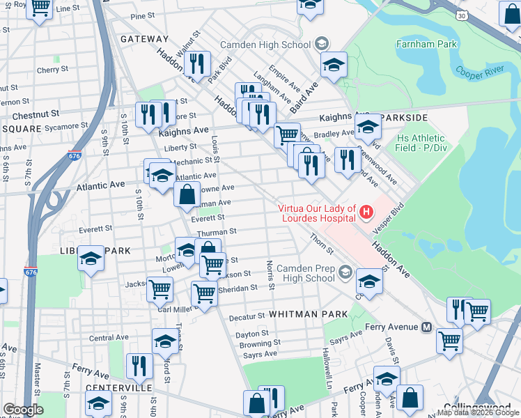 map of restaurants, bars, coffee shops, grocery stores, and more near 1277 Whitman Avenue in Camden