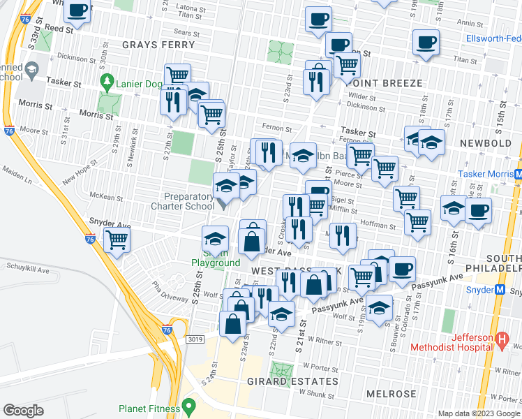 map of restaurants, bars, coffee shops, grocery stores, and more near 1929 South Bonsall Street in Philadelphia