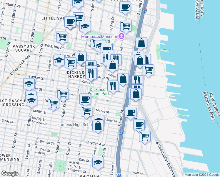 map of restaurants, bars, coffee shops, grocery stores, and more near 217 Tasker Street in Philadelphia