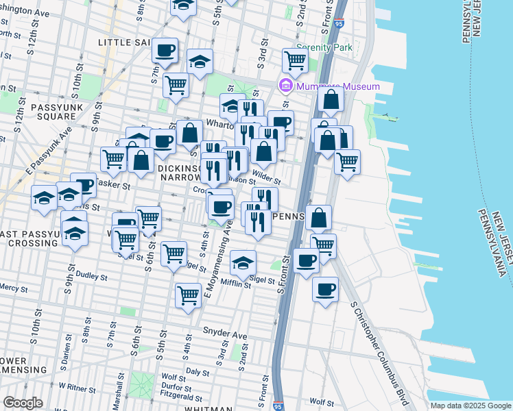 map of restaurants, bars, coffee shops, grocery stores, and more near 218 Greenwich Street in Philadelphia