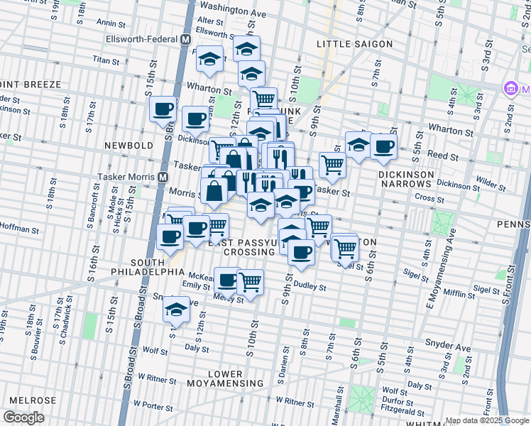 map of restaurants, bars, coffee shops, grocery stores, and more near 1005 Watkins Street in Philadelphia