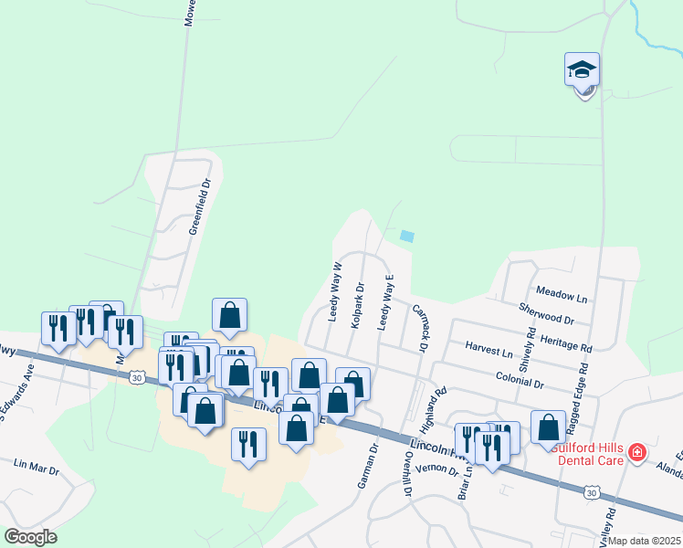 map of restaurants, bars, coffee shops, grocery stores, and more near 290 Leedy Way West in Chambersburg