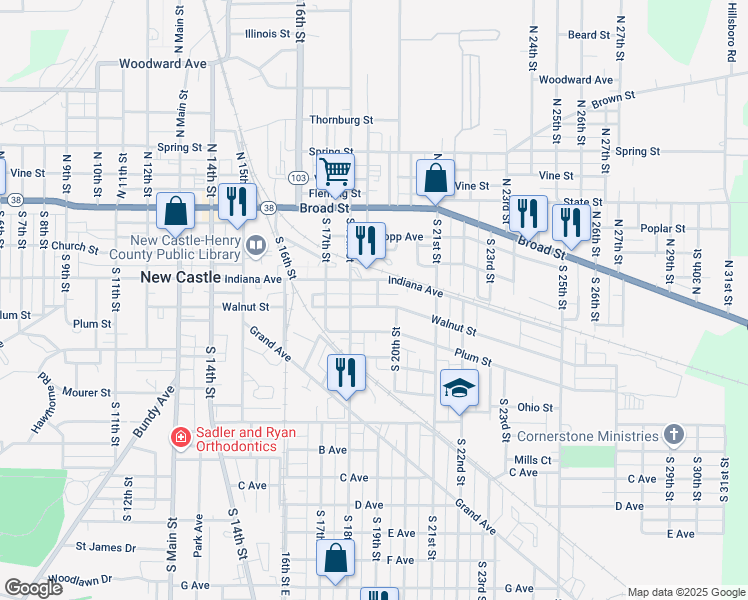 map of restaurants, bars, coffee shops, grocery stores, and more near 1817 Indiana Ave in New Castle