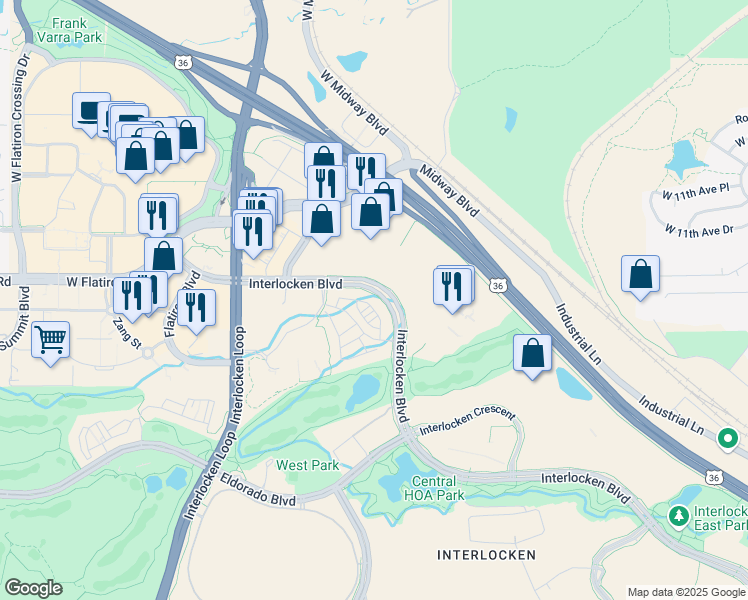 map of restaurants, bars, coffee shops, grocery stores, and more near 485 Interlocken Boulevard in Broomfield