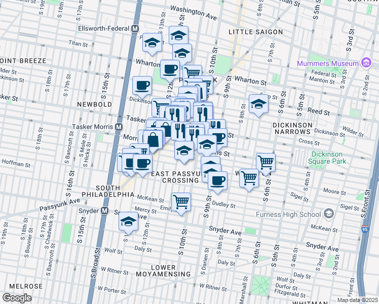 map of restaurants, bars, coffee shops, grocery stores, and more near 1015 Watkins Street in Philadelphia