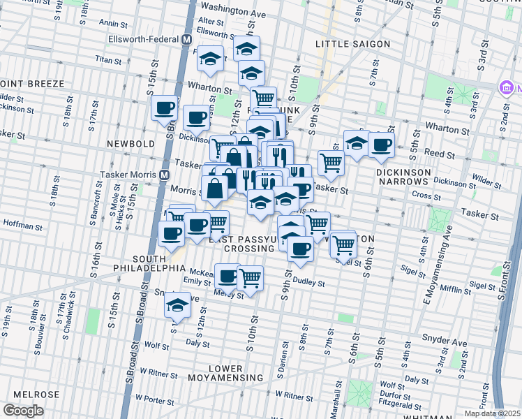 map of restaurants, bars, coffee shops, grocery stores, and more near 1015 Watkins Street in Philadelphia