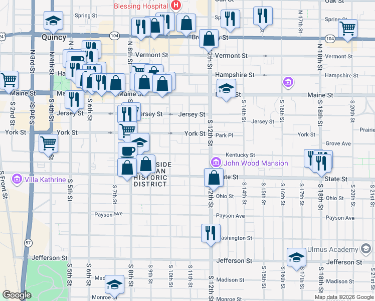 map of restaurants, bars, coffee shops, grocery stores, and more near 321 South 11th Street in Quincy