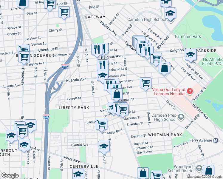 map of restaurants, bars, coffee shops, grocery stores, and more near 1476 Mount Ephraim Avenue in Camden