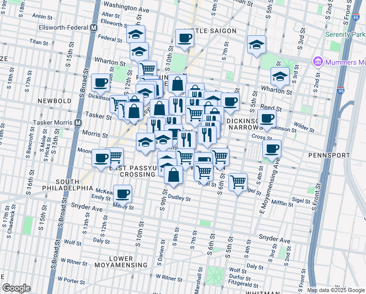 map of restaurants, bars, coffee shops, grocery stores, and more near 819 Morris Street in Philadelphia