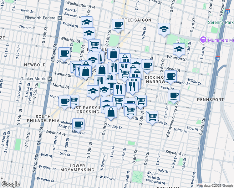 map of restaurants, bars, coffee shops, grocery stores, and more near 819 Morris Street in Philadelphia