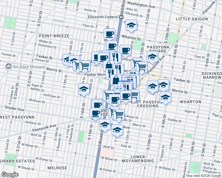 map of restaurants, bars, coffee shops, grocery stores, and more near 1727 South Broad Street in Philadelphia