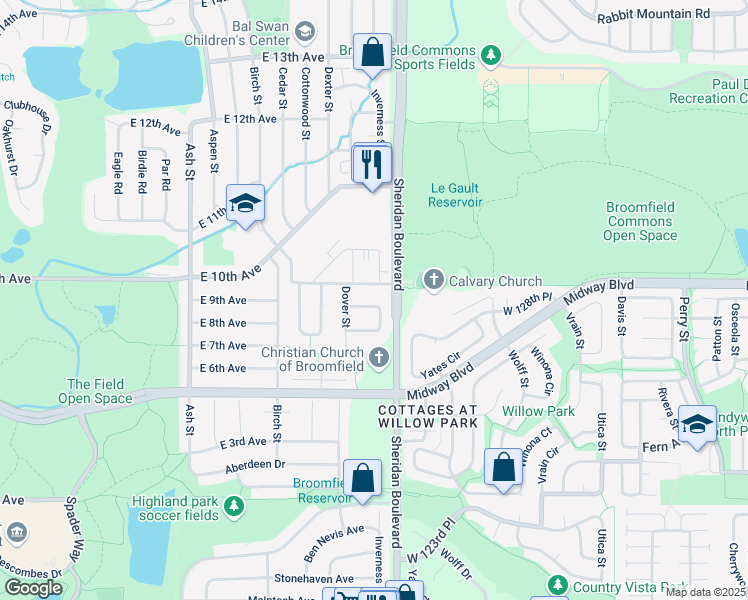 map of restaurants, bars, coffee shops, grocery stores, and more near 1140 East 9th Avenue in Broomfield