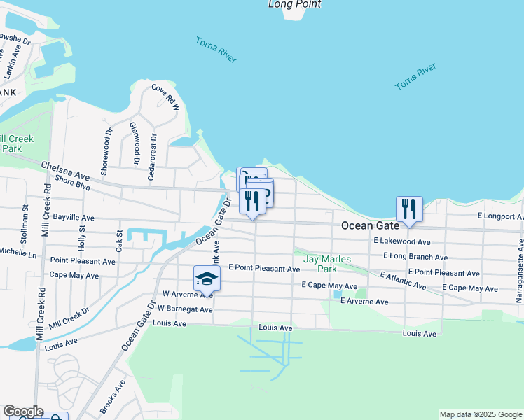 map of restaurants, bars, coffee shops, grocery stores, and more near 219 Ocean Gate Avenue in Ocean Gate