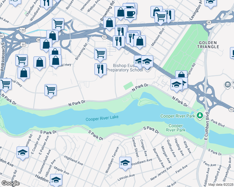 map of restaurants, bars, coffee shops, grocery stores, and more near 2400 McClellan Avenue in Pennsauken Township