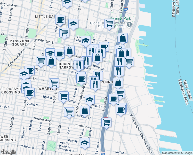 map of restaurants, bars, coffee shops, grocery stores, and more near in Philadelphia