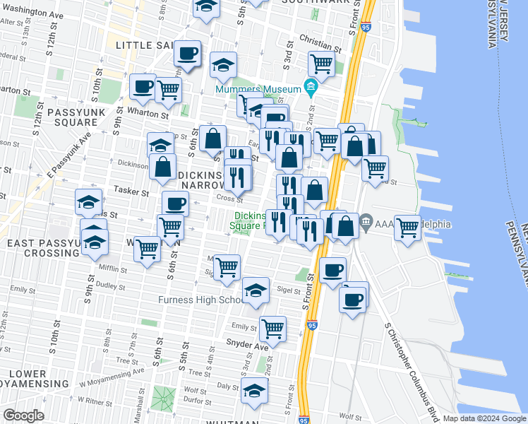 map of restaurants, bars, coffee shops, grocery stores, and more near 240 Greenwich Street in Philadelphia