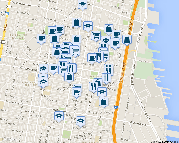 map of restaurants, bars, coffee shops, grocery stores, and more near 427 Tasker Street in Philadelphia