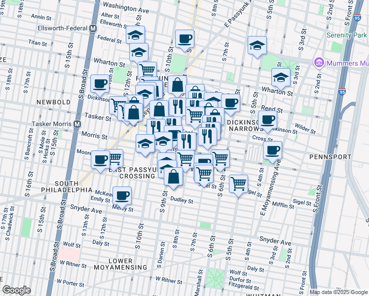 map of restaurants, bars, coffee shops, grocery stores, and more near 807 Mountain Street in Philadelphia