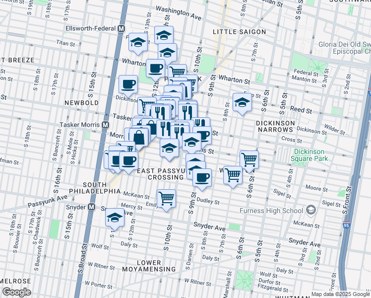 map of restaurants, bars, coffee shops, grocery stores, and more near 1640 South 10th Street in Philadelphia