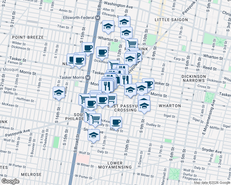 map of restaurants, bars, coffee shops, grocery stores, and more near 1737 East Passyunk Avenue in Philadelphia