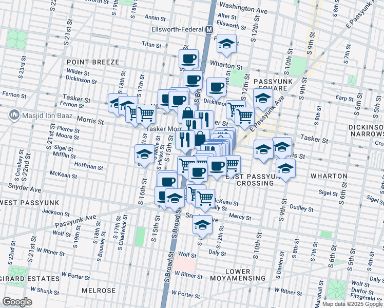 map of restaurants, bars, coffee shops, grocery stores, and more near 1344 Castle Avenue in Philadelphia