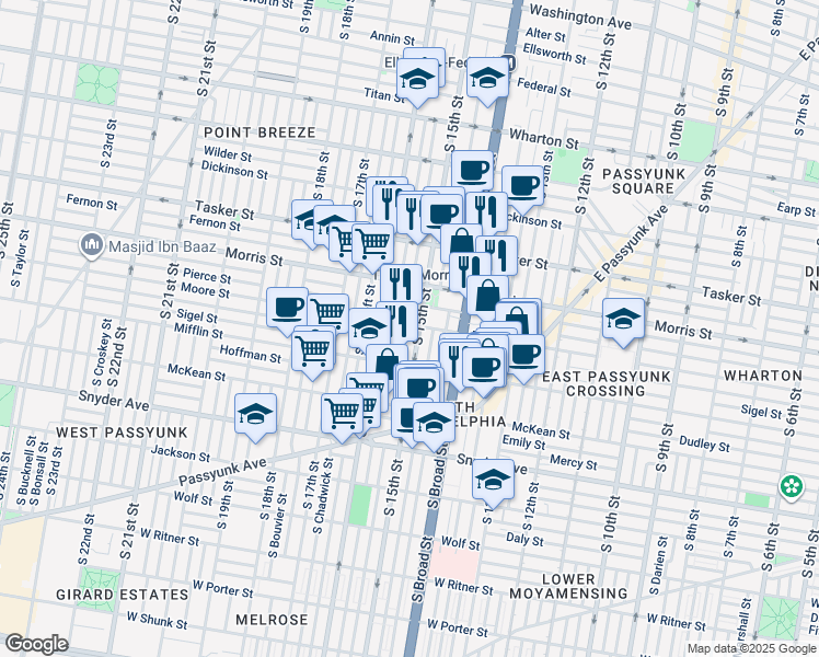 map of restaurants, bars, coffee shops, grocery stores, and more near 1751 South Hicks Street in Philadelphia