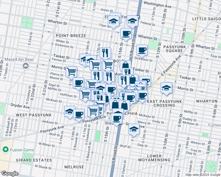 map of restaurants, bars, coffee shops, grocery stores, and more near 1751 South Hicks Street in Philadelphia