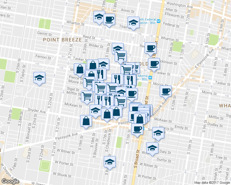 map of restaurants, bars, coffee shops, grocery stores, and more near 1804 South 17th Street in Philadelphia