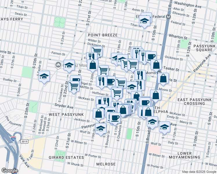 map of restaurants, bars, coffee shops, grocery stores, and more near 1812 South 18th Street in Philadelphia