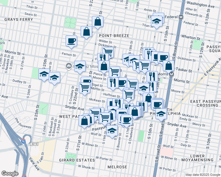 map of restaurants, bars, coffee shops, grocery stores, and more near 1854 McClellan Street in Philadelphia