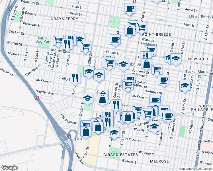 map of restaurants, bars, coffee shops, grocery stores, and more near 1910 South Bonsall Street in Philadelphia