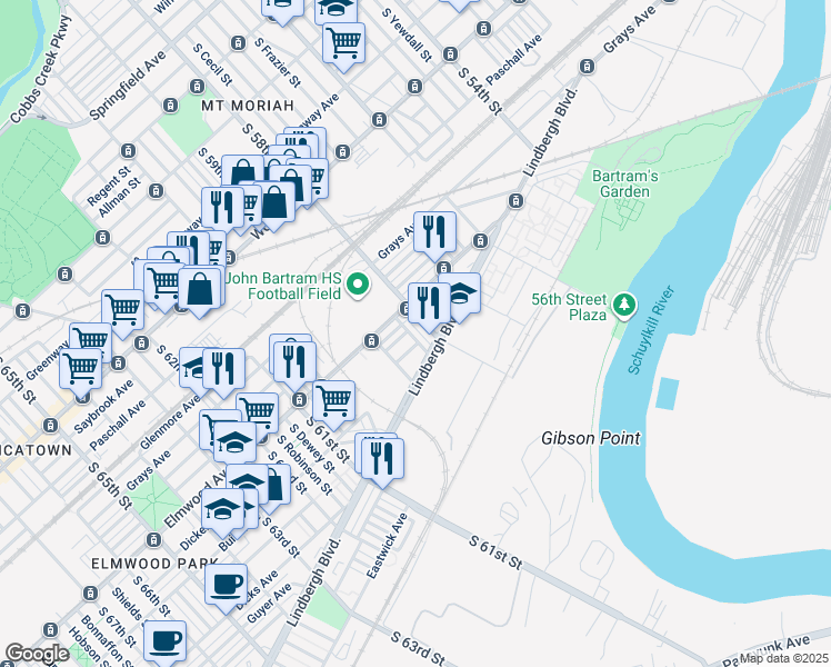 map of restaurants, bars, coffee shops, grocery stores, and more near 2515 South Wanamaker Street in Philadelphia