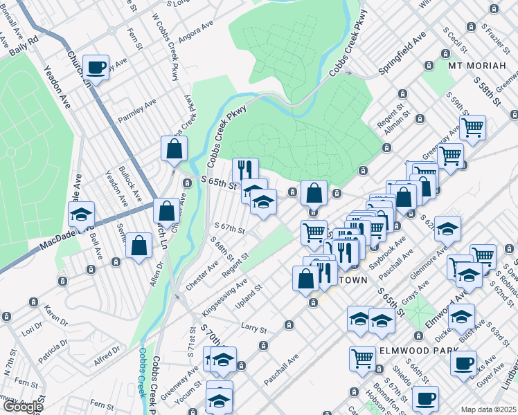 map of restaurants, bars, coffee shops, grocery stores, and more near 1834 South 65th Street in Philadelphia