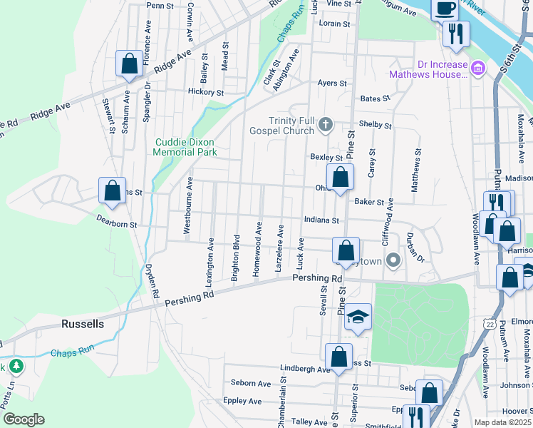 map of restaurants, bars, coffee shops, grocery stores, and more near 747 Homewood Avenue in Zanesville