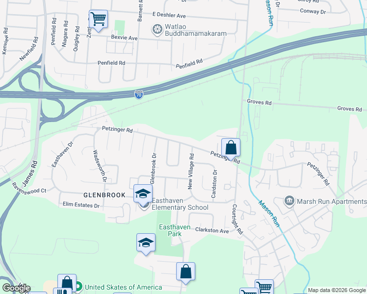 map of restaurants, bars, coffee shops, grocery stores, and more near 3360 Petzinger Road in Columbus