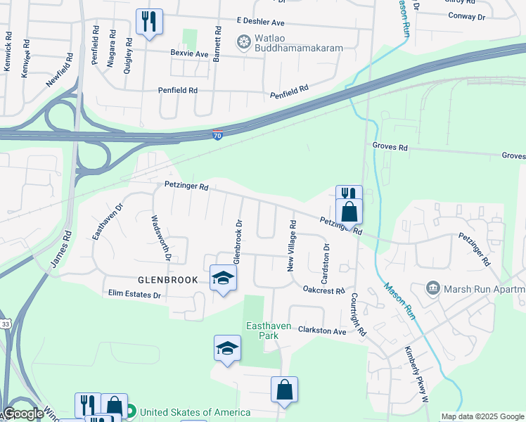 map of restaurants, bars, coffee shops, grocery stores, and more near 3309 Petzinger Road in Columbus